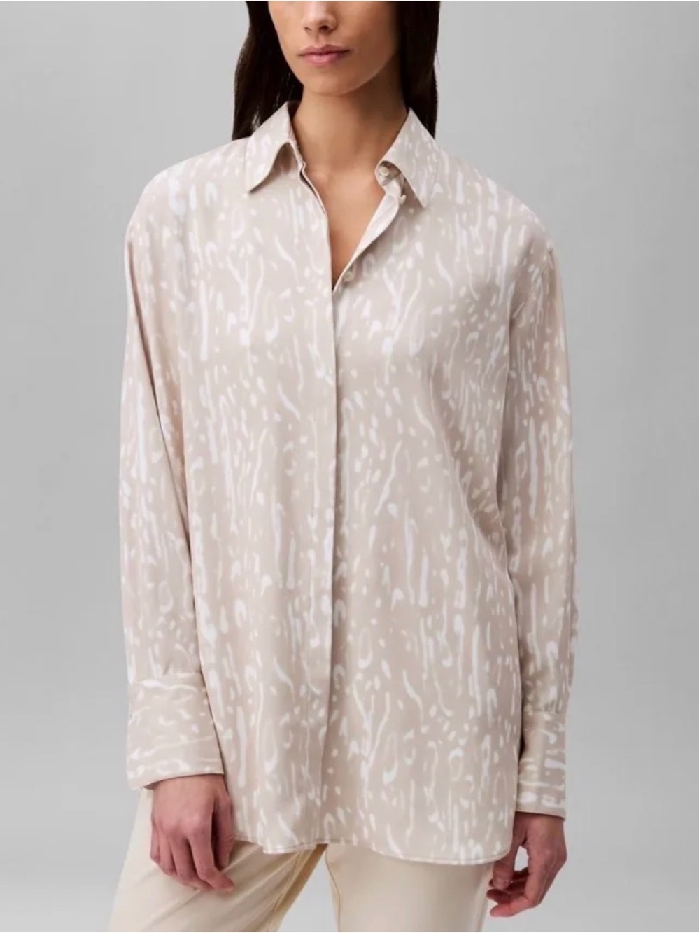 Calvin Klein Women's Flowing Printed Button-Front Shirt -Peyote - Small